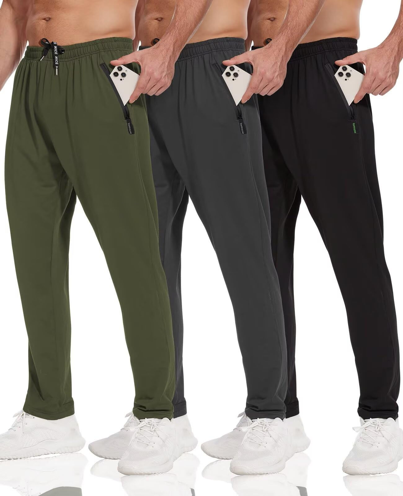 lomsoe 3 Pack Mens Athletic Pants with Zip Pockets Lightweight Sweatpants for Me