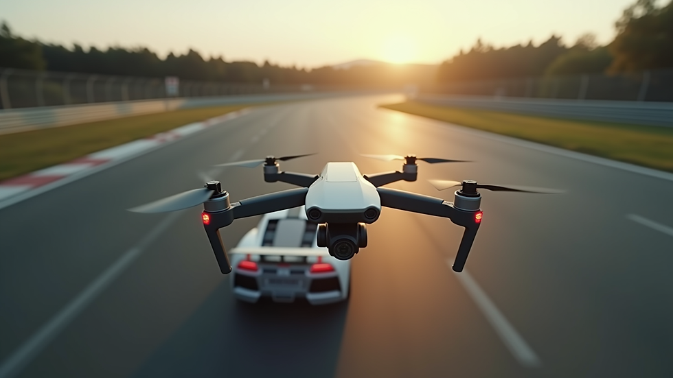 High angle view of a drone filming a race car on a circuit