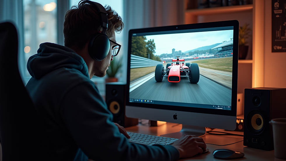 High angle view of a video editor working on motorsport footage on a computer screen