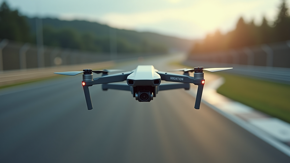 Close-up view of a drone filming a race car on a track