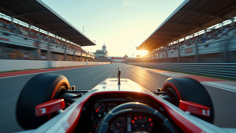 Eye-level view of a camera mounted on a race car capturing high-speed action