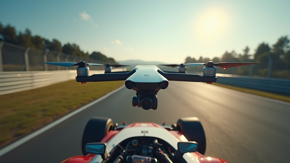 Eye-level view of drone flying over a motorsport race track