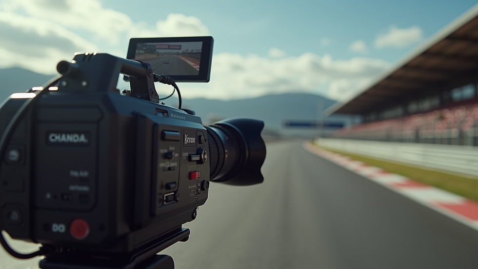 Close-up view of a professional camera filming a motorsport event