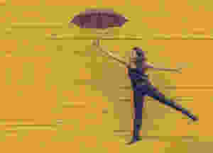 Woman flying away with umbrella.