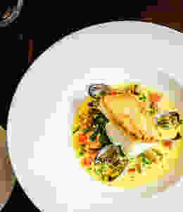 Dish of seafood with fish and mussels.