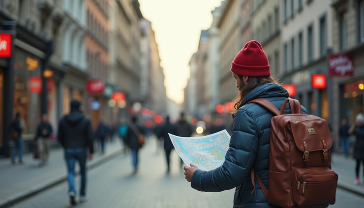 Eye-level view of a traveler with a backpack looking at a city map on a busy street