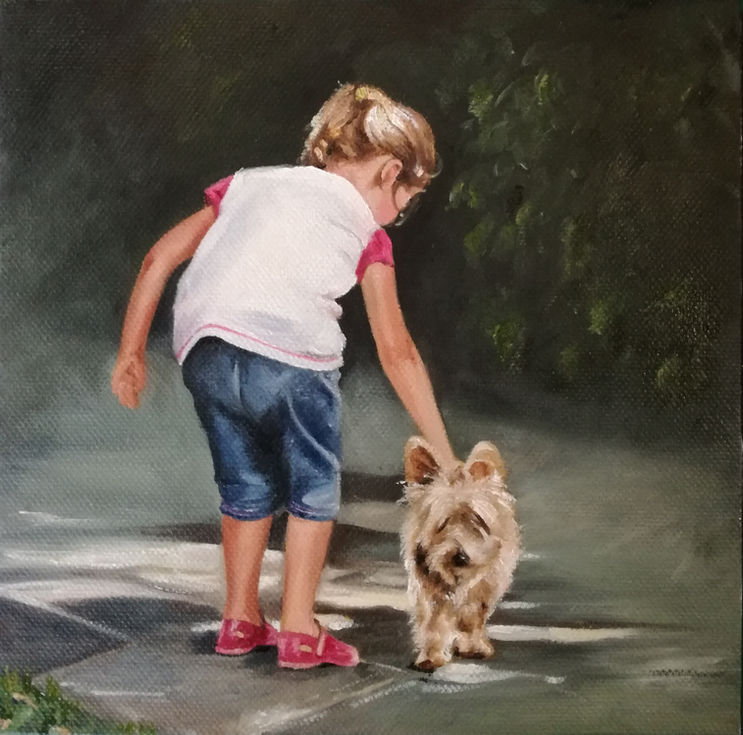 Oil painting of little girl touching a puppy