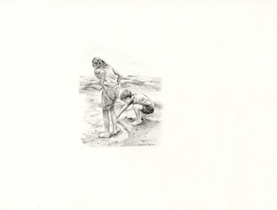 A drawing of kids on the beach searching for shells in shallow water.