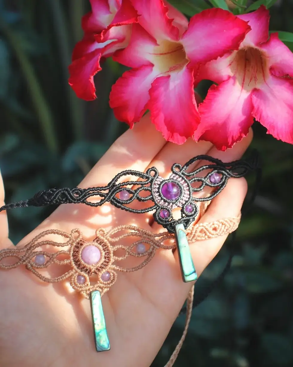 Thumbnail: Paua Shell & Lepidolite Dragonfly Choker - Light Tan