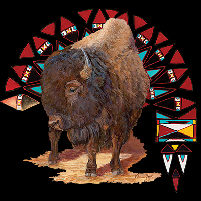 Thumbnail: Realistic illustration of a bison with a vibrant Native American-inspired geometric pattern in the background