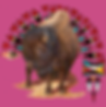 Realistic illustration of a bison with a vibrant Native American-inspired geometric pattern in the background