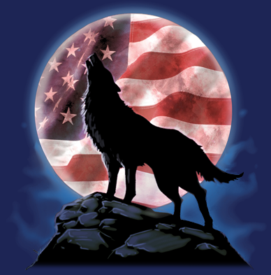 Thumbnail: Silhouette of a howling wolf on a rocky cliff with a full moon featuring the American flag.