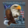 design featuring a large bald eagle, American flags, a soldier kneeling and lightning in the background.