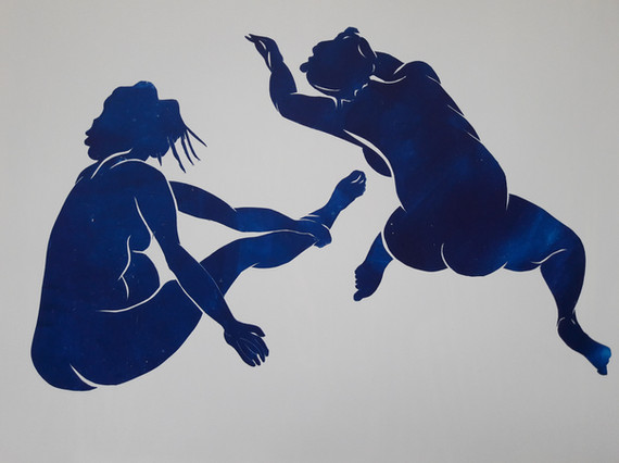 Monotype contemporain inspiré par Matisse, mettant en scène deux femmes en flexion dans une composition en bleu. Les lignes d’une grande pureté et les formes épurées soulignent la complicité, l’introspection et l’élégance du geste, le tout dans un univers minimaliste empreint de douceur et de modernité. Remarque : La pureté des lignes et des formes confère à l’ensemble une dimension intemporelle, recentrant le regard sur l’essentiel du mouvement et de l’attitude.