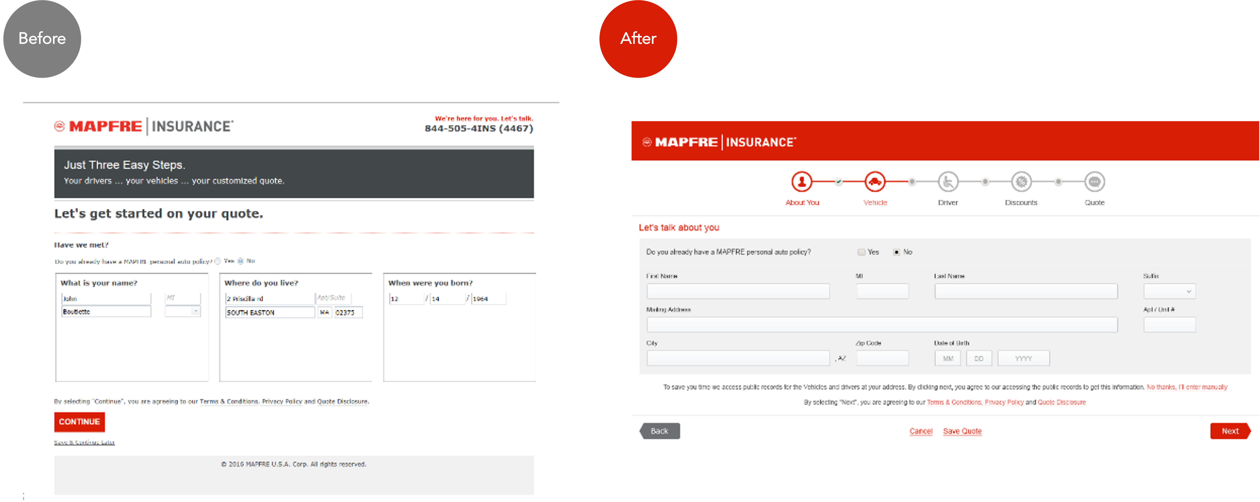 Before and after comparison of the quote form