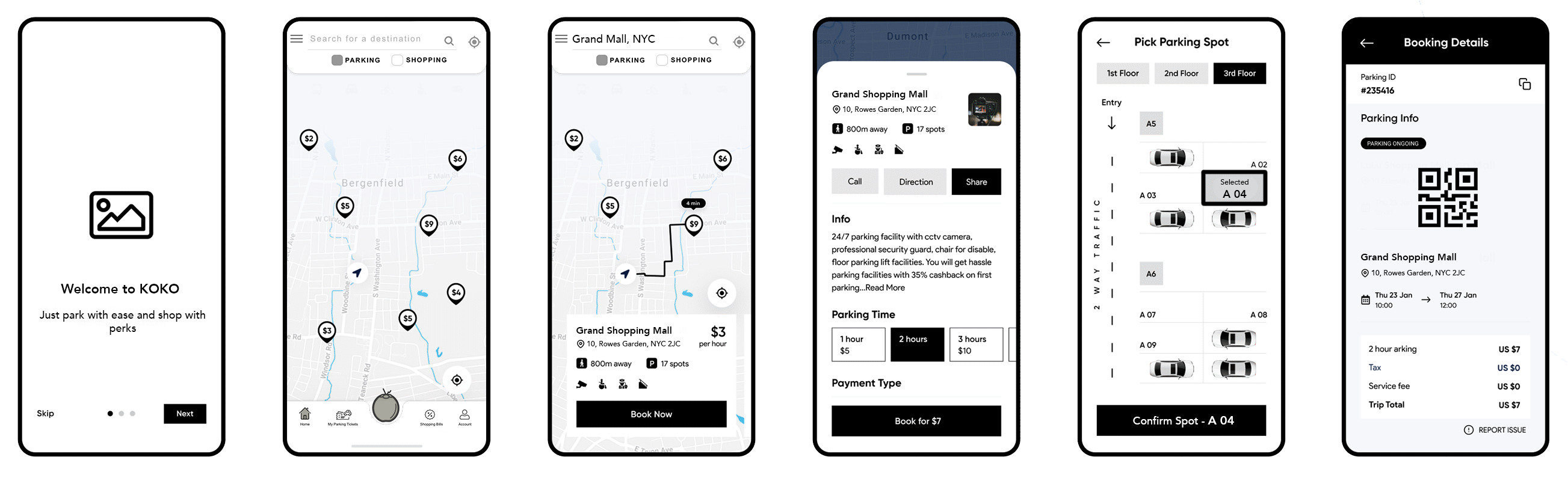 Low-fidelity wireframes — parking space booking flow
