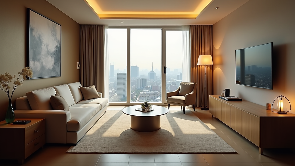 High angle view of a hotel room with elegant decor and city view