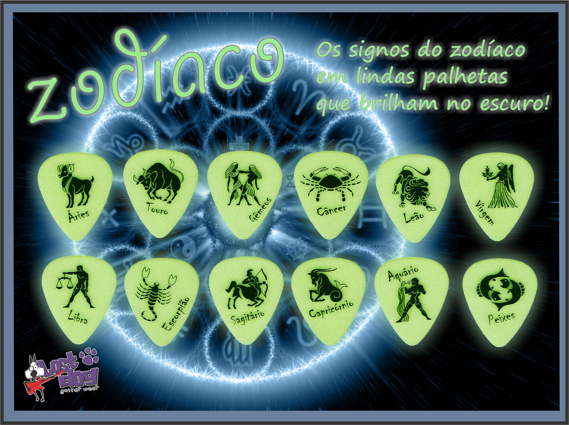 Palheta do Zodiaco brilha no escuro! Pack com 12