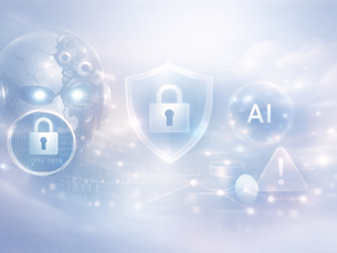 Central luminous shield and lock symbol surrounded by misty particles and faint digital traces