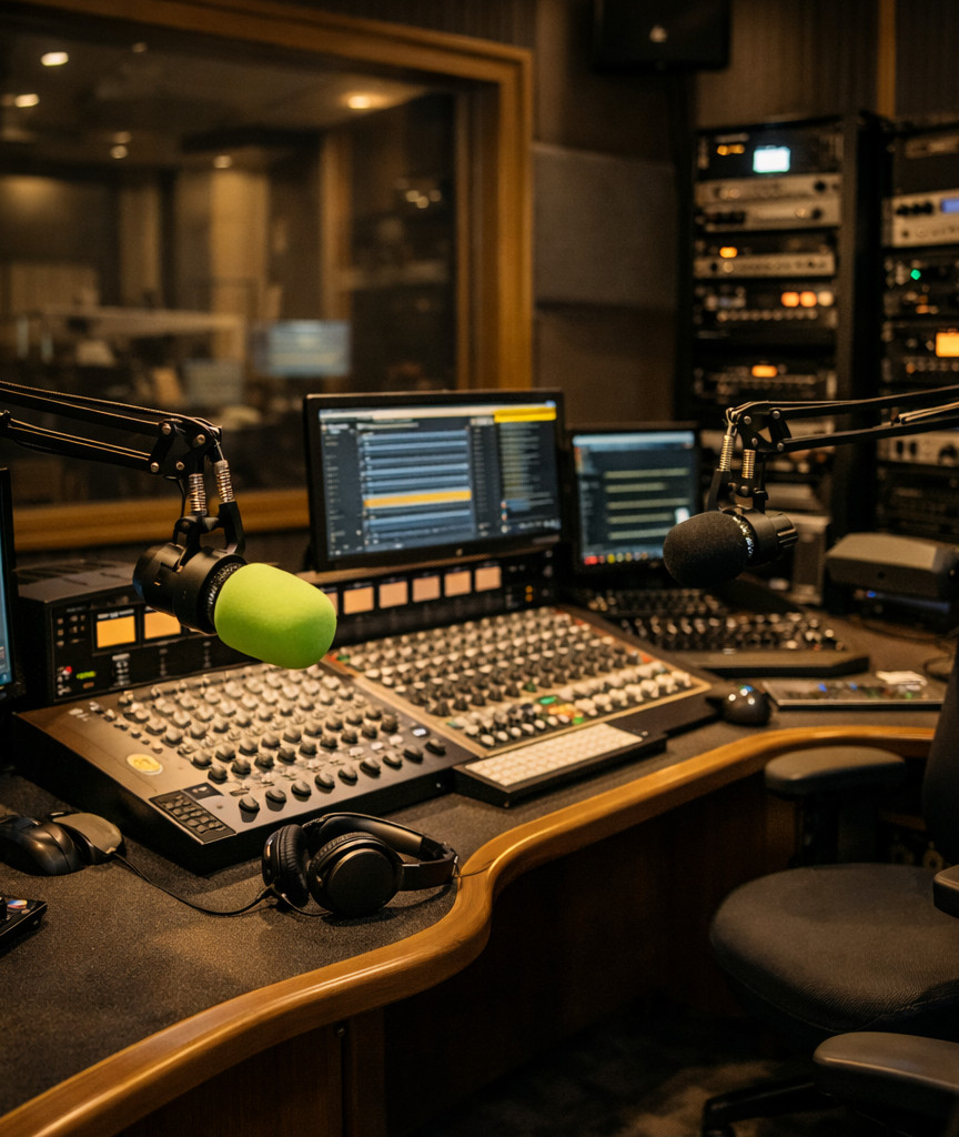 A professional radio studio featuring a soundboard filled with controls and a microphone positioned for broadcasting.