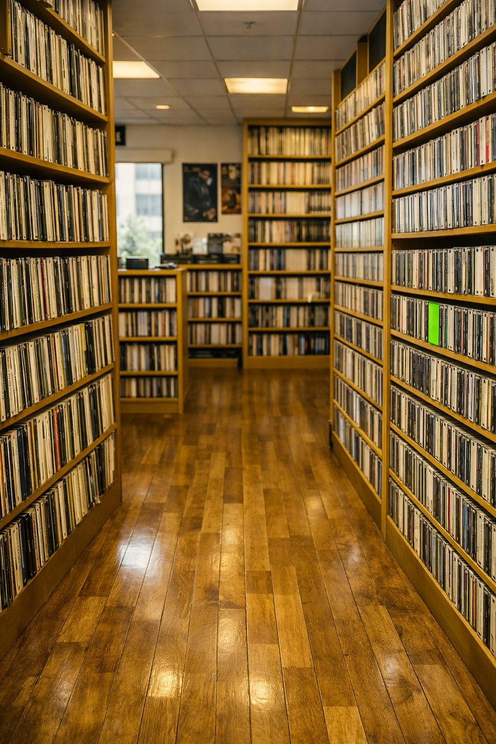 A storage room lined with shelves packed with CDs and music albums.