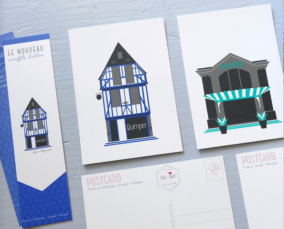 Cartes postales et marque-pages de la Boite à Musique de Quimper et La façade du Casino de Dinard