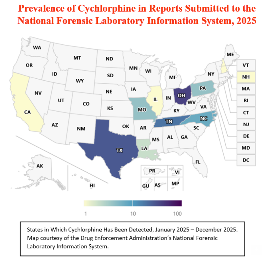 Cychlorphine, a synthetic opioid involved in at least 55 deaths, has potential to spread across nation