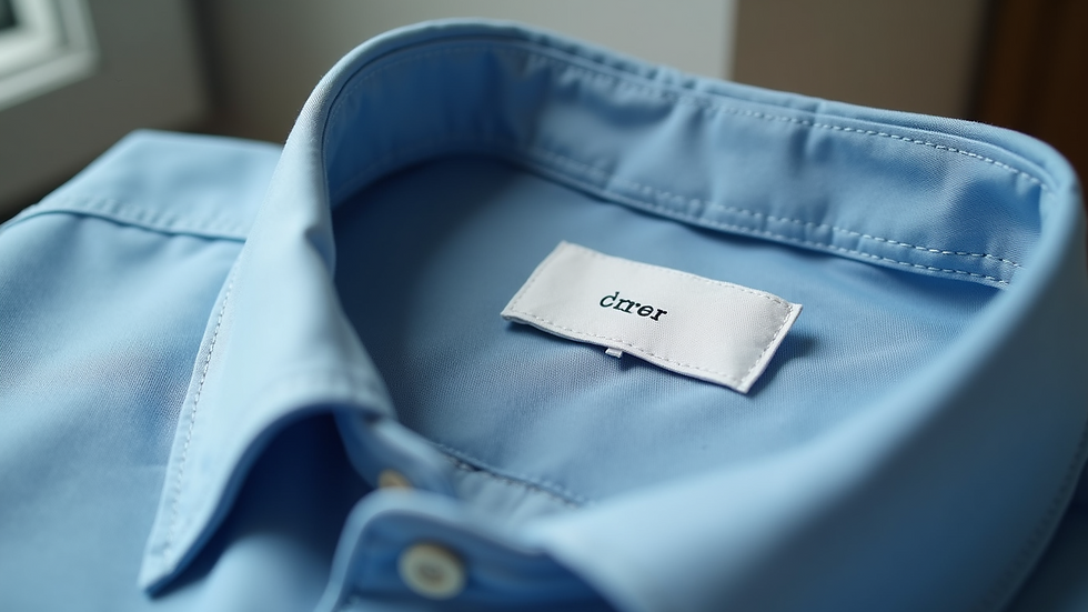 Close-up view of a clothing label on a freshly cleaned shirt