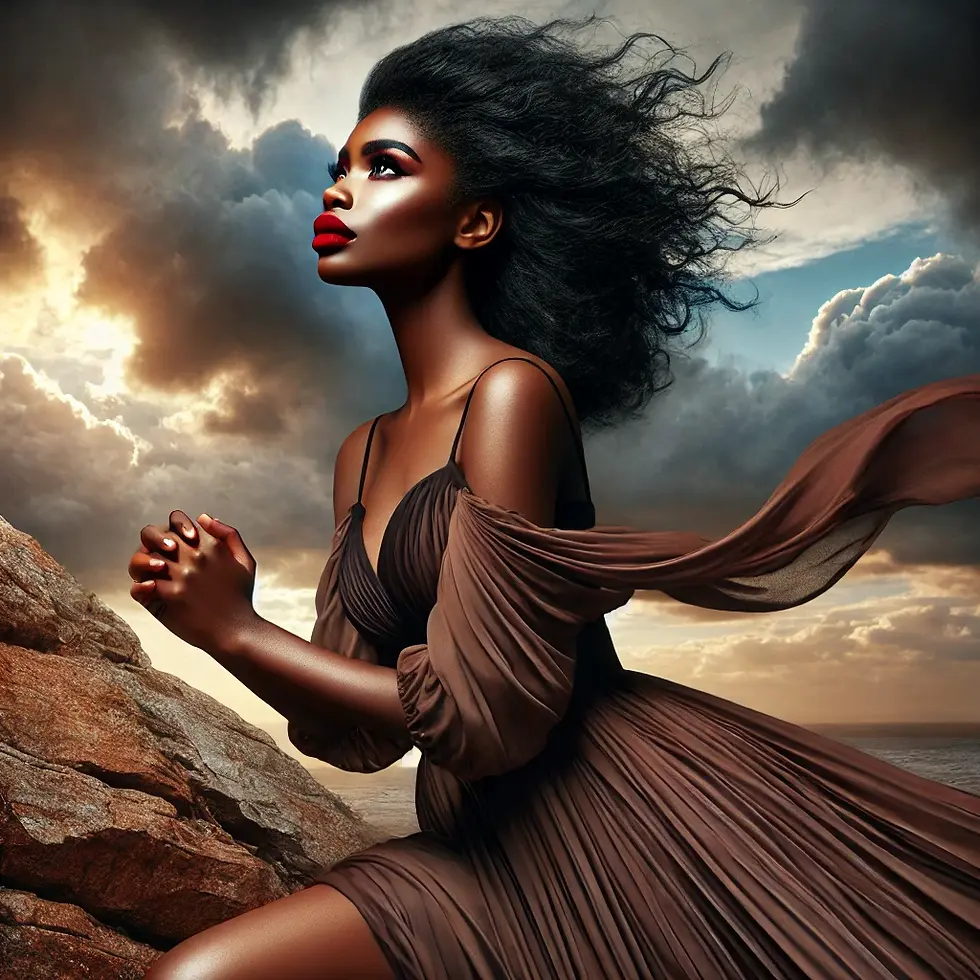 A beautiful Black woman with deep brown skin, wearing a flowing dress and bold red lipstick, standing on a rocky cliff with strong winds blowing around