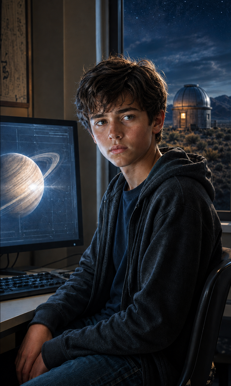 Junge vor Monitor mit Saturn-Motiv und Sternwarte im Hintergrund.