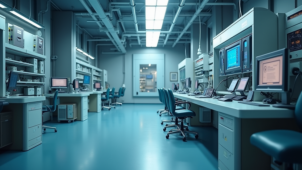 High angle view of a futuristic laboratory with advanced scientific equipment