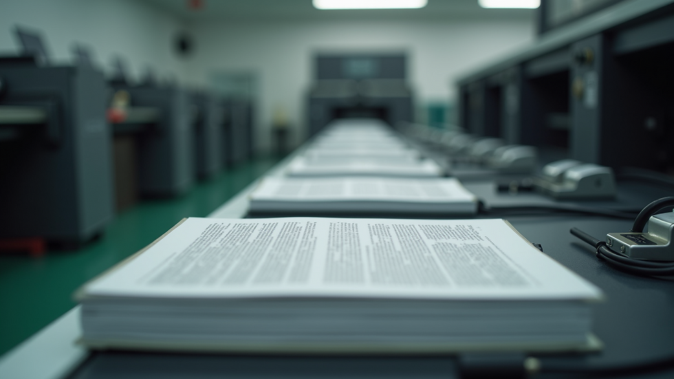Close-up of a printing press producing books