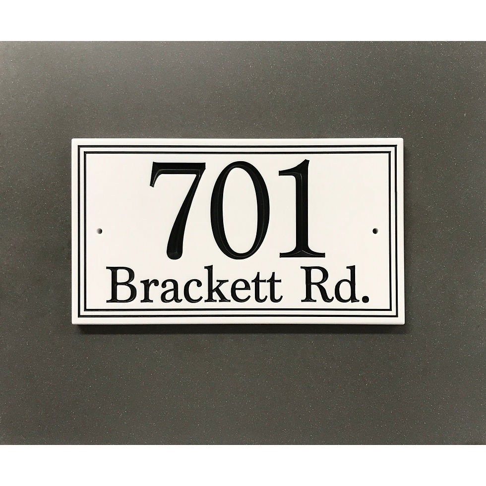 Simplicity address plaque featuring V-carved house numbers on a weatherproof, stone-look solid surface material.