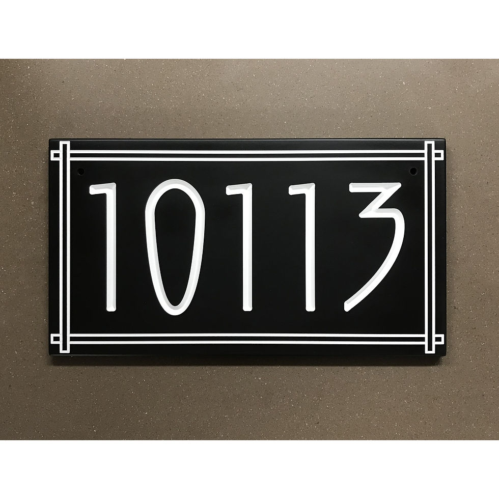 Stickley address plaque featuring V-carved house numbers on a weatherproof, stone-look solid surface material.
