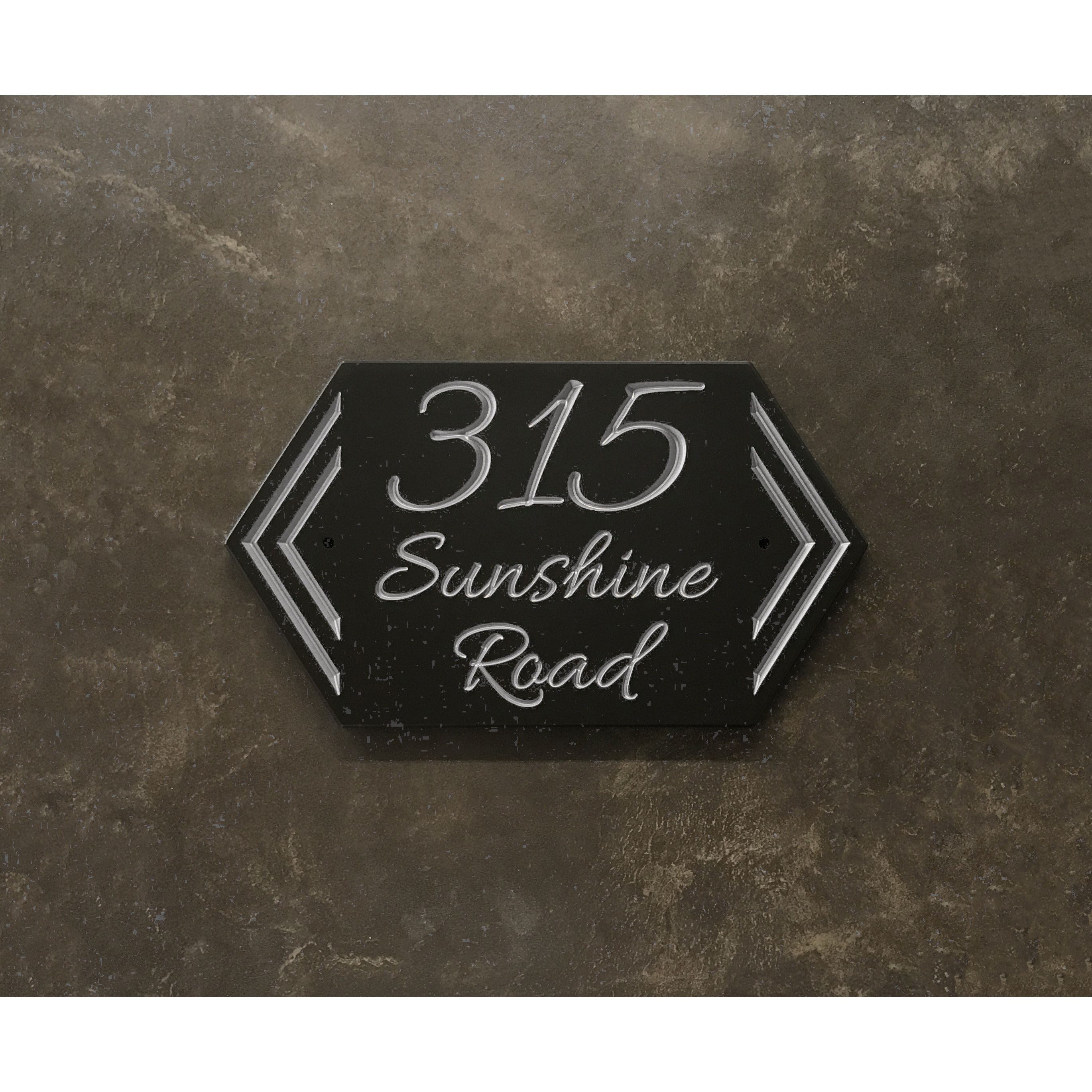Boho style address plaque featuring V-carved house numbers on a weatherproof, stone-look solid surface material.