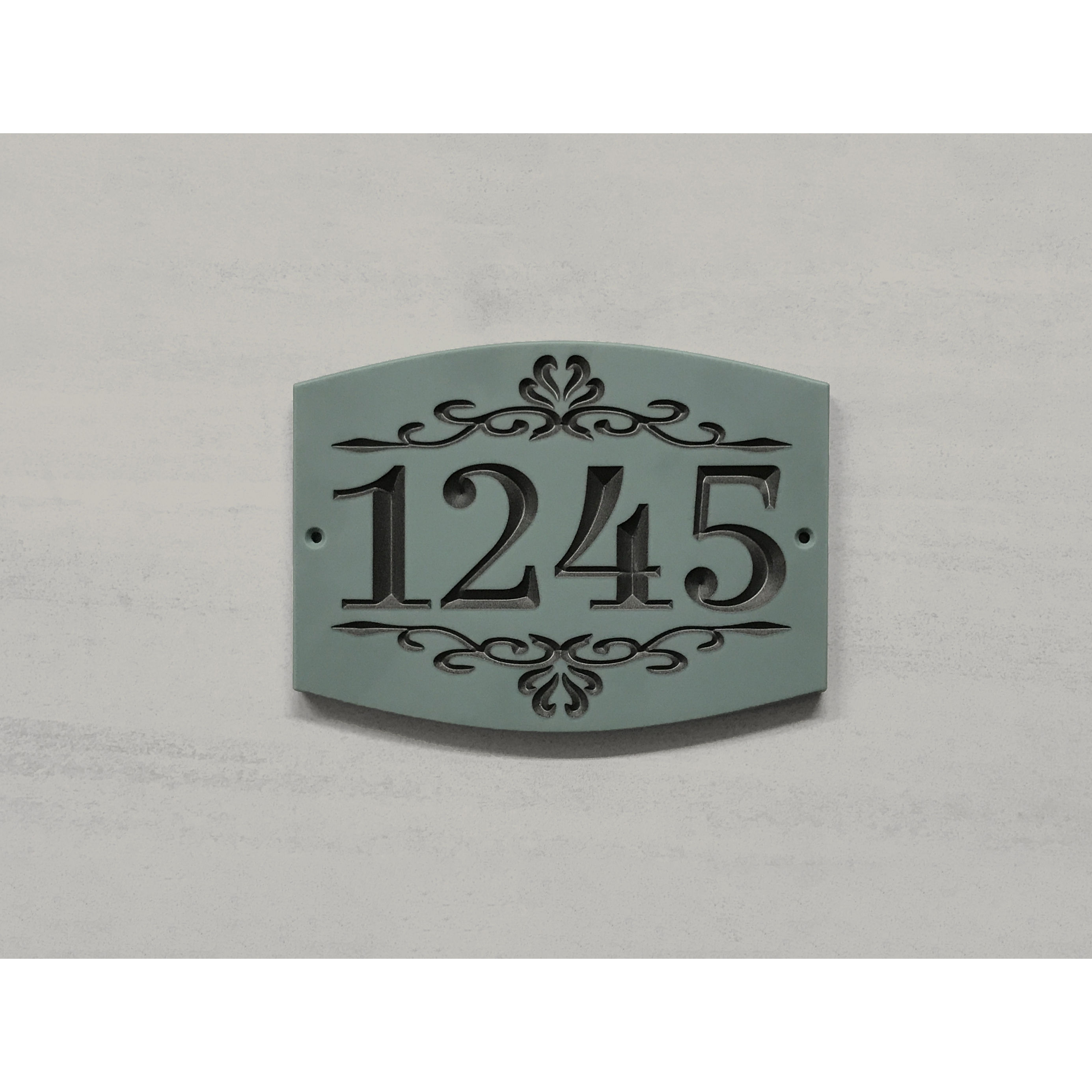 Provincial address plaque featuring V-carved house numbers on a weatherproof, stone-look solid surface material.