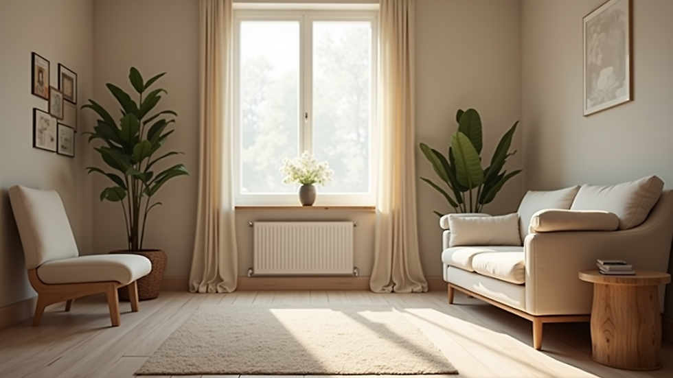 Eye-level view of a serene therapy room with comfortable seating