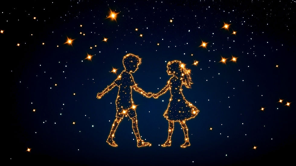 constellation de deux enfants se tenant la main, children holding hand in the sky