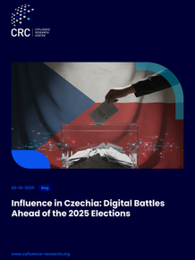 A hand places a ballot into a box with a Czech flag backdrop. Text: Influence in Czechia: Digital Battles Ahead of the 2025 Elections.