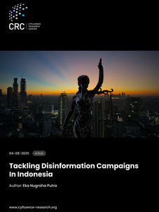 Justice statue with scales against Jakarta skyline at sunset. Text: "Tackling Disinformation Campaigns In Indonesia," author Eka Nugraha Putra.