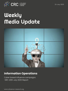 Weekly Media Update cover: child with helmet, light bulb on teal background. Text: Information Operations report, 14th-20th July 2025.