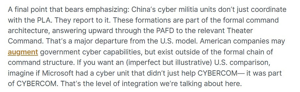 Text discussing China's cyber militia integration with the PLA, contrasting it with U.S. models.