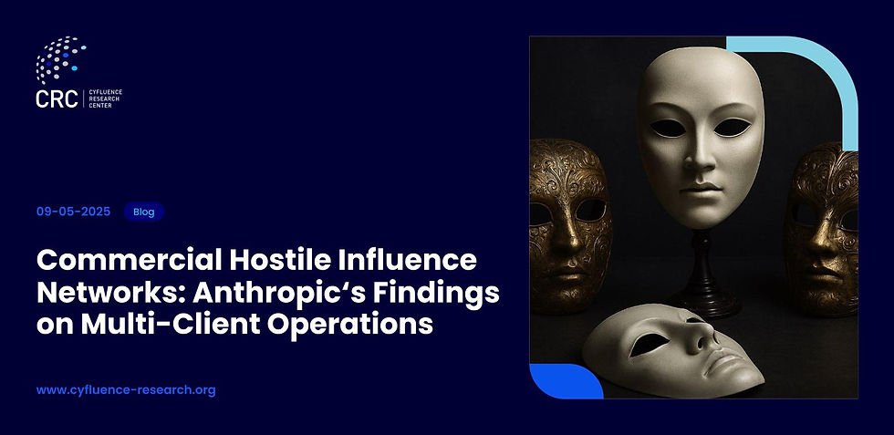 Cover image for CRC blog post titled 'Commercial Hostile Influence Networks: Anthropic’s Findings on Multi-Client Operations' dated May 9, 2025. The image features theatrical masks symbolizing deception and anonymity, alongside the CRC logo and website URL.