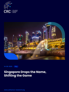 Night view of Singapore's skyline with Merlion statue spouting water. Text: "Singapore Drops the Name, Shifting the Game" on blue background.