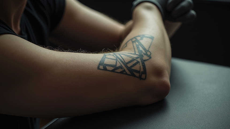 High angle view of a geometric tattoo on upper arm