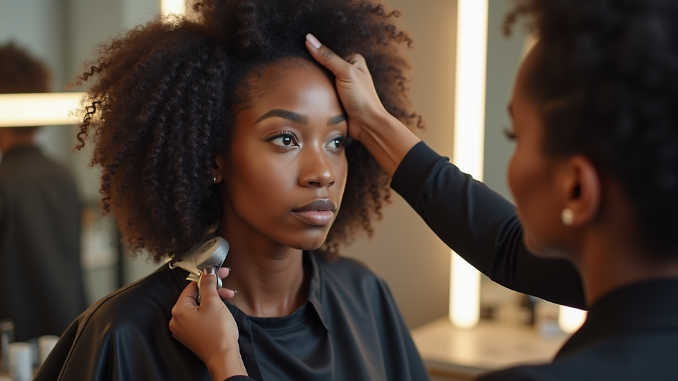 High angle view of a stylist applying treatment to natural hair