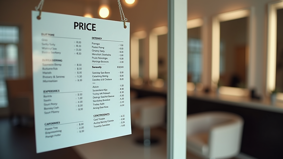 High angle view of a price list displayed in a beauty salon