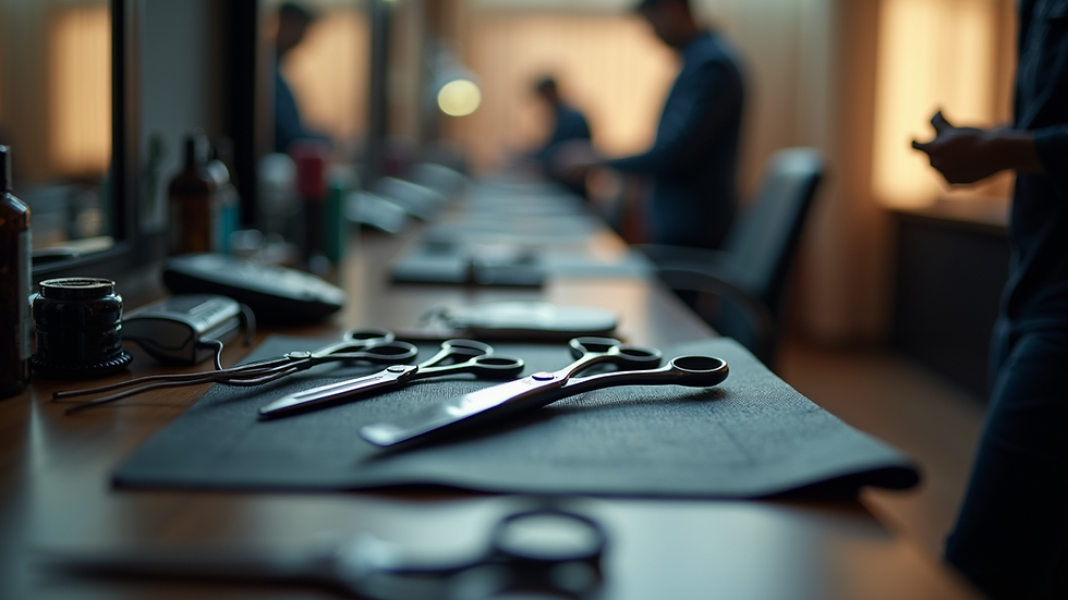 Eye-level view of hair cutting tools neatly arranged on a salon station