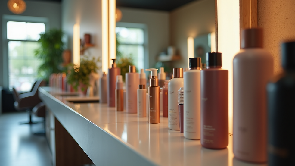 High angle view of a salon area with trendy hair styling products displayed