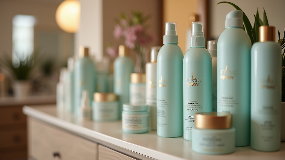 Eye-level view of a hair care product display in a salon